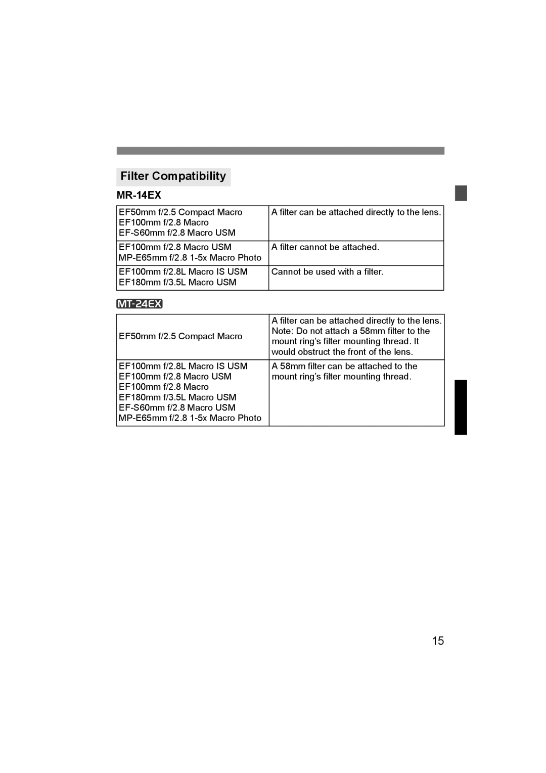 Canon 24EX instruction manual Filter Compatibility, MR-14EX 