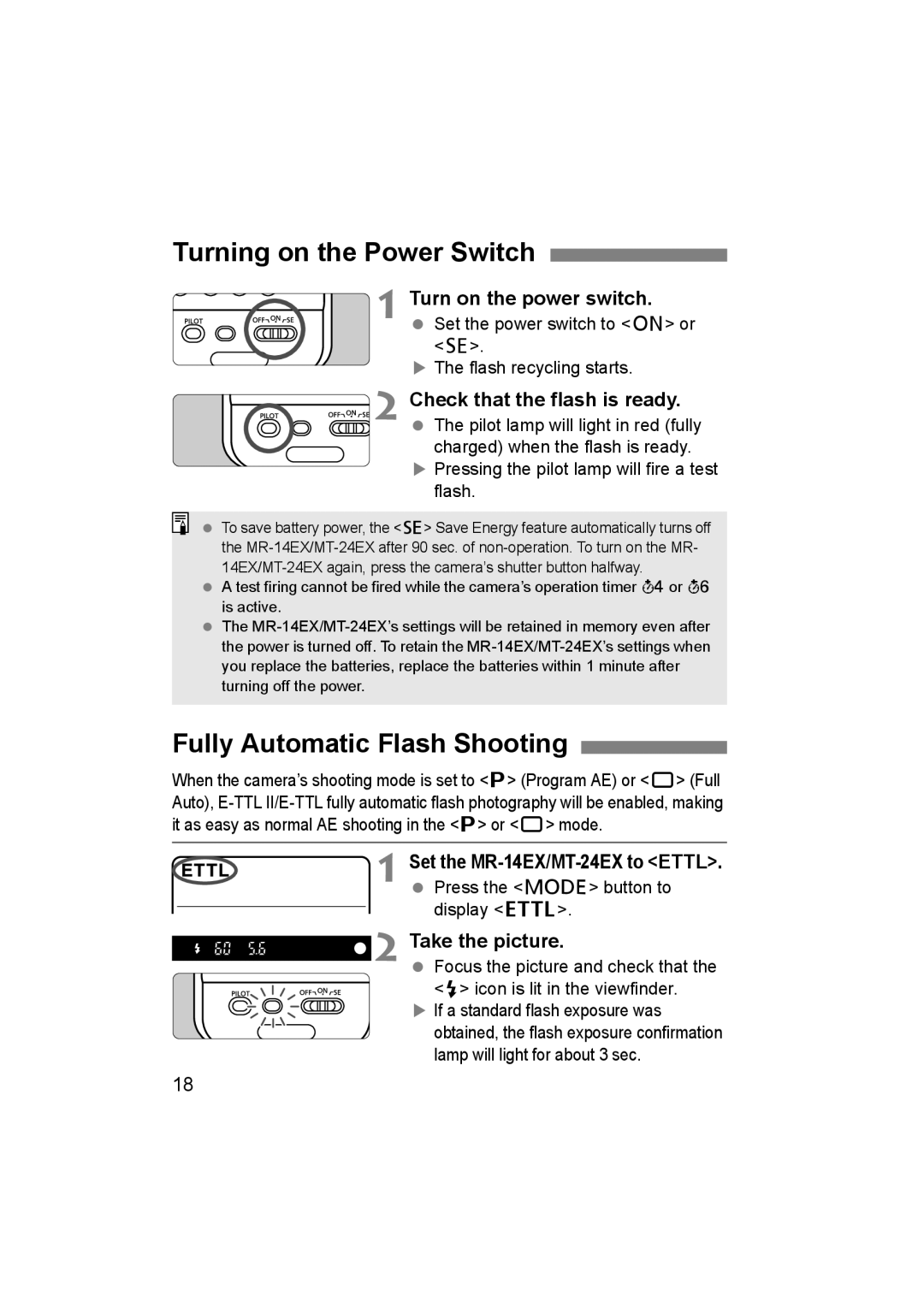 Canon 14EX, 24EX instruction manual Turning on the Power Switch, Fully Automatic Flash Shooting 