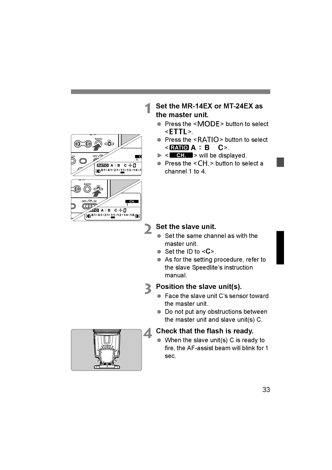 Canon instruction manual Set the MR-14EX or MT-24EX as the master unit, Set the slave unit, Position the slave units 