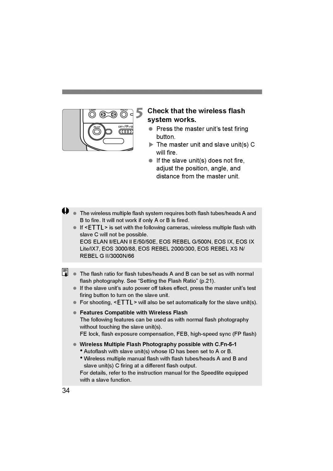 Canon 14EX, 24EX instruction manual Check that the wireless flash system works, Features Compatible with Wireless Flash 