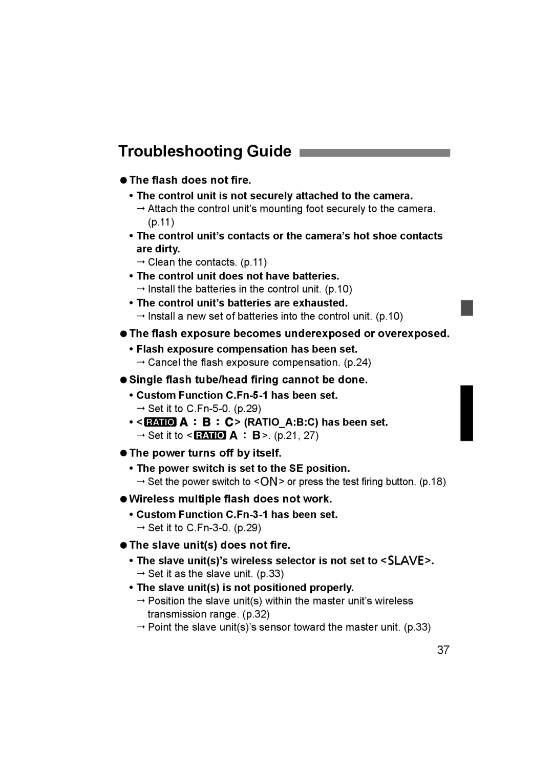 Canon 24EX, 14EX Troubleshooting Guide, Control unit does not have batteries, Control unit’s batteries are exhausted 