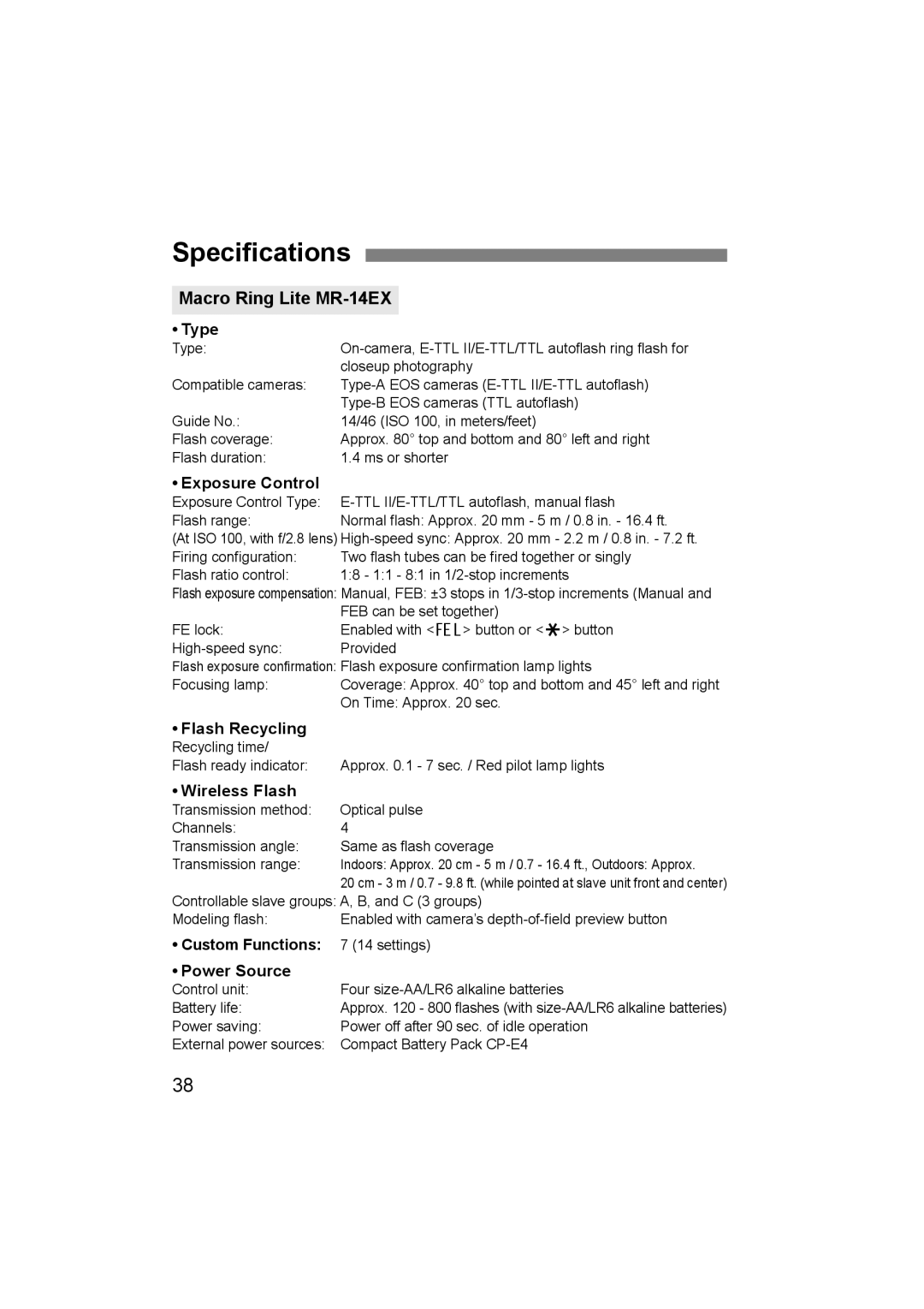 Canon 24EX instruction manual Specifications, Macro Ring Lite MR-14EX 