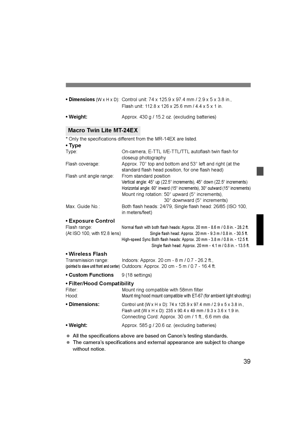 Canon 24EX, 14EX instruction manual Filter/Hood Compatibility, Weight, Custom Functions 