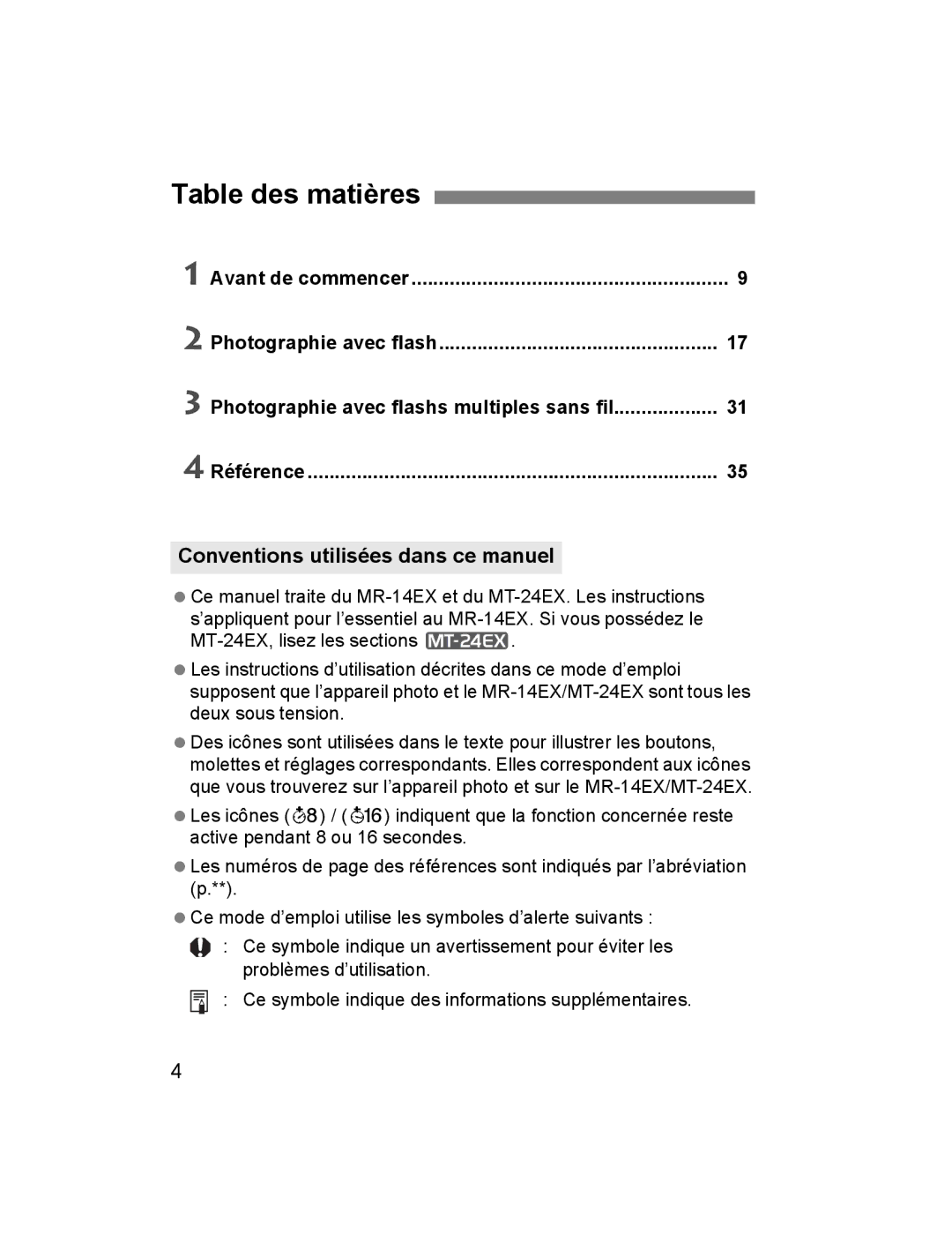 Canon 14EX, 24EX instruction manual Table des matières, Conventions utilisées dans ce manuel 