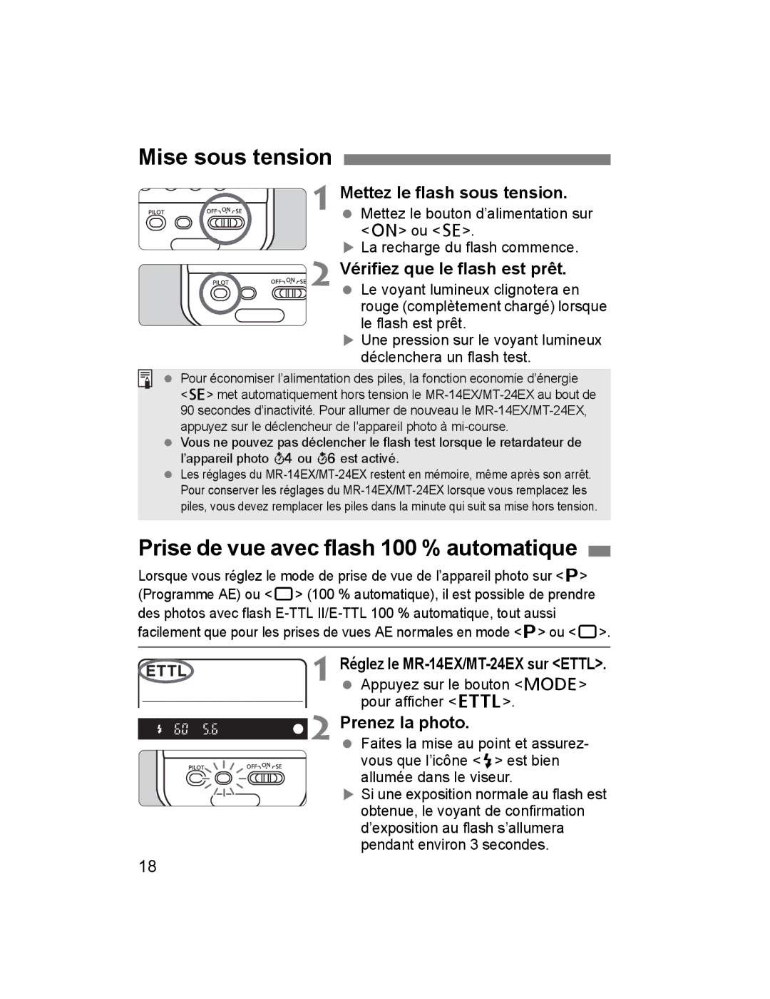 Canon 14EX, 24EX instruction manual Mise sous tension, Prise de vue avec flash 100 % automatique 