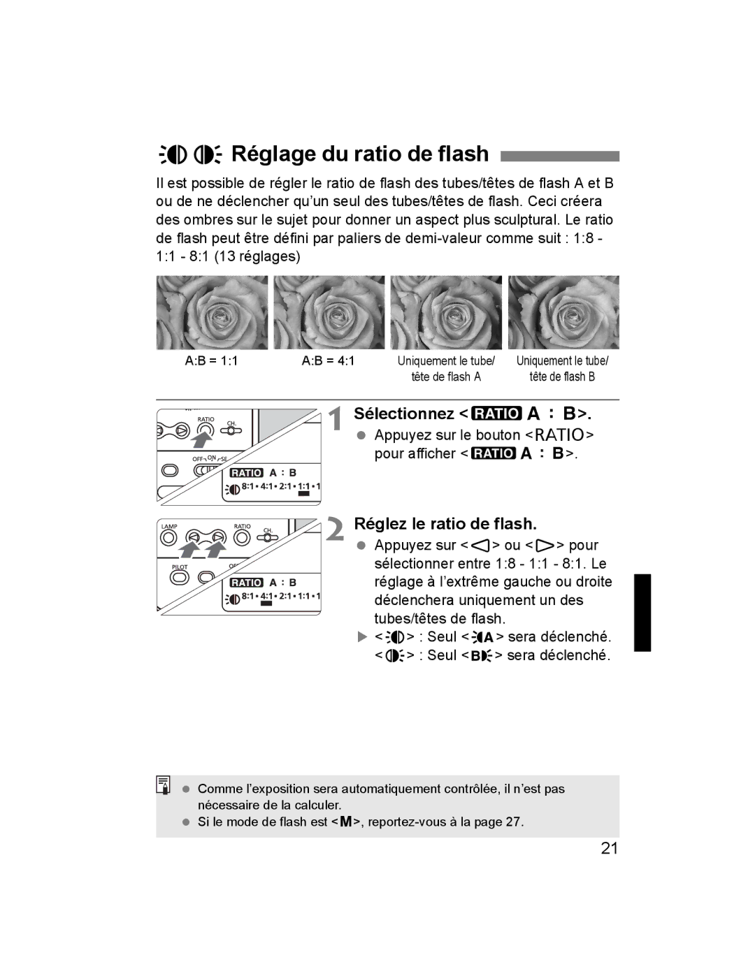 Canon 24EX, 14EX instruction manual MnRéglage du ratio de flash, Sélectionnez yl, Réglez le ratio de flash 