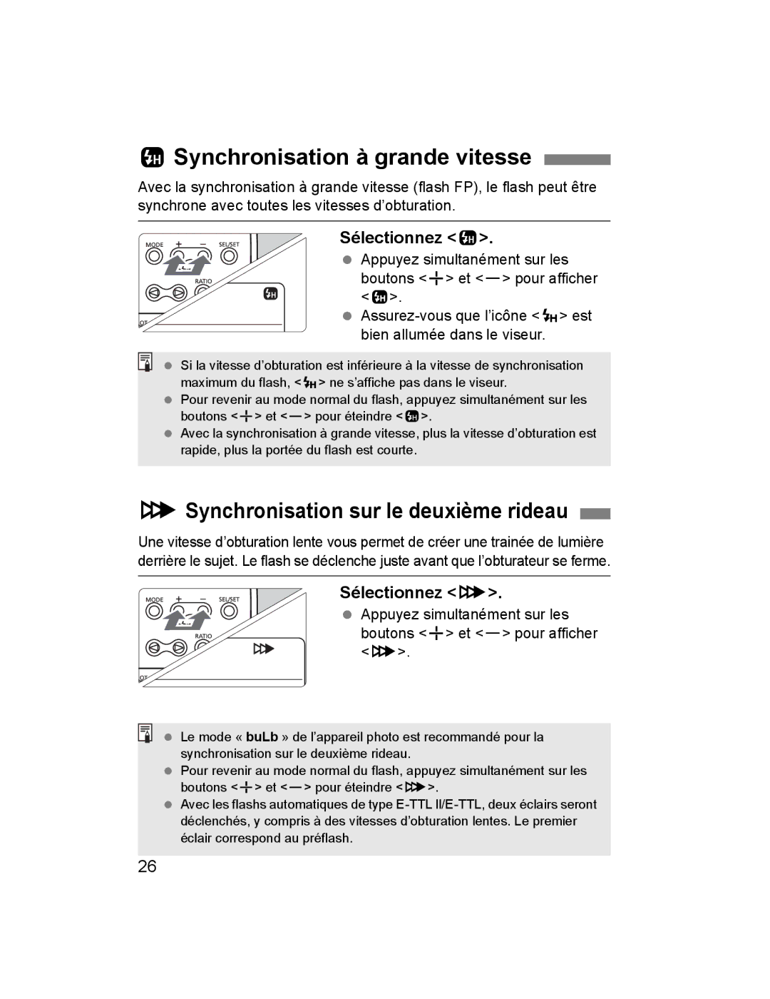 Canon 14EX CSynchronisation à grande vitesse, RSynchronisation sur le deuxième rideau, Sélectionnez c, Sélectionnez r 