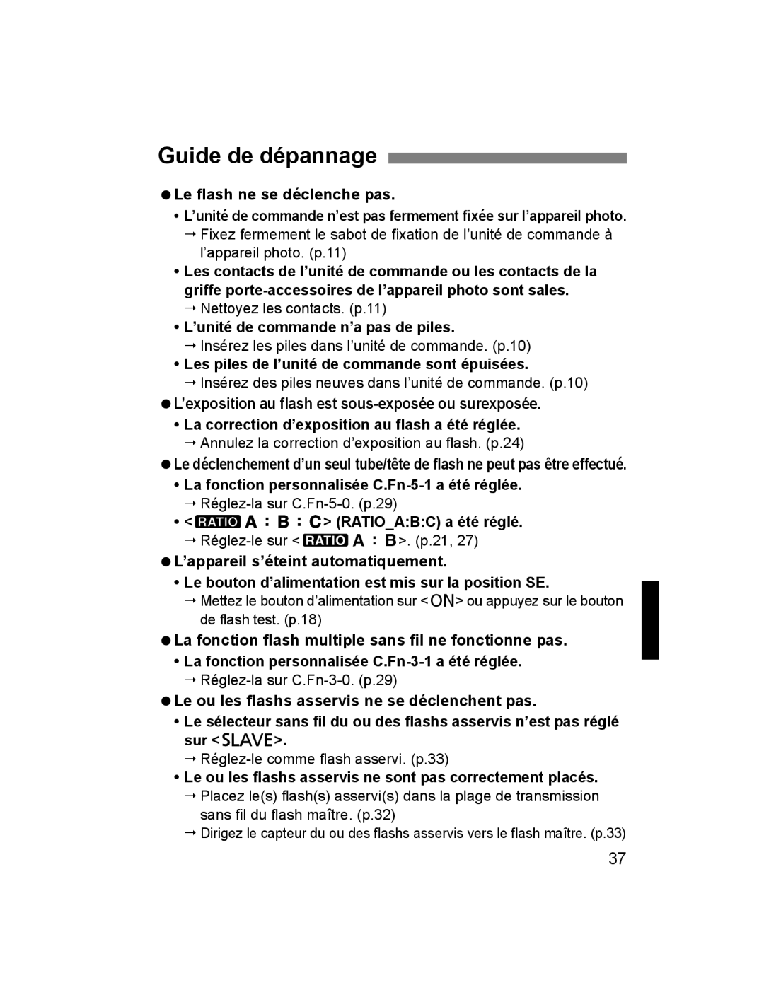 Canon 24EX, 14EX instruction manual Guide de dépannage 