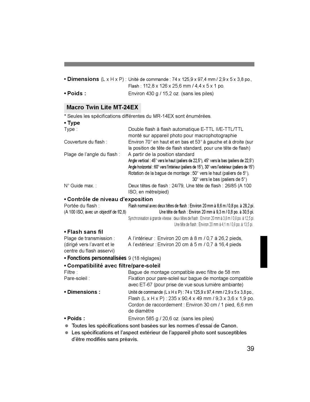 Canon 24EX, 14EX instruction manual Poids, Dimensions 