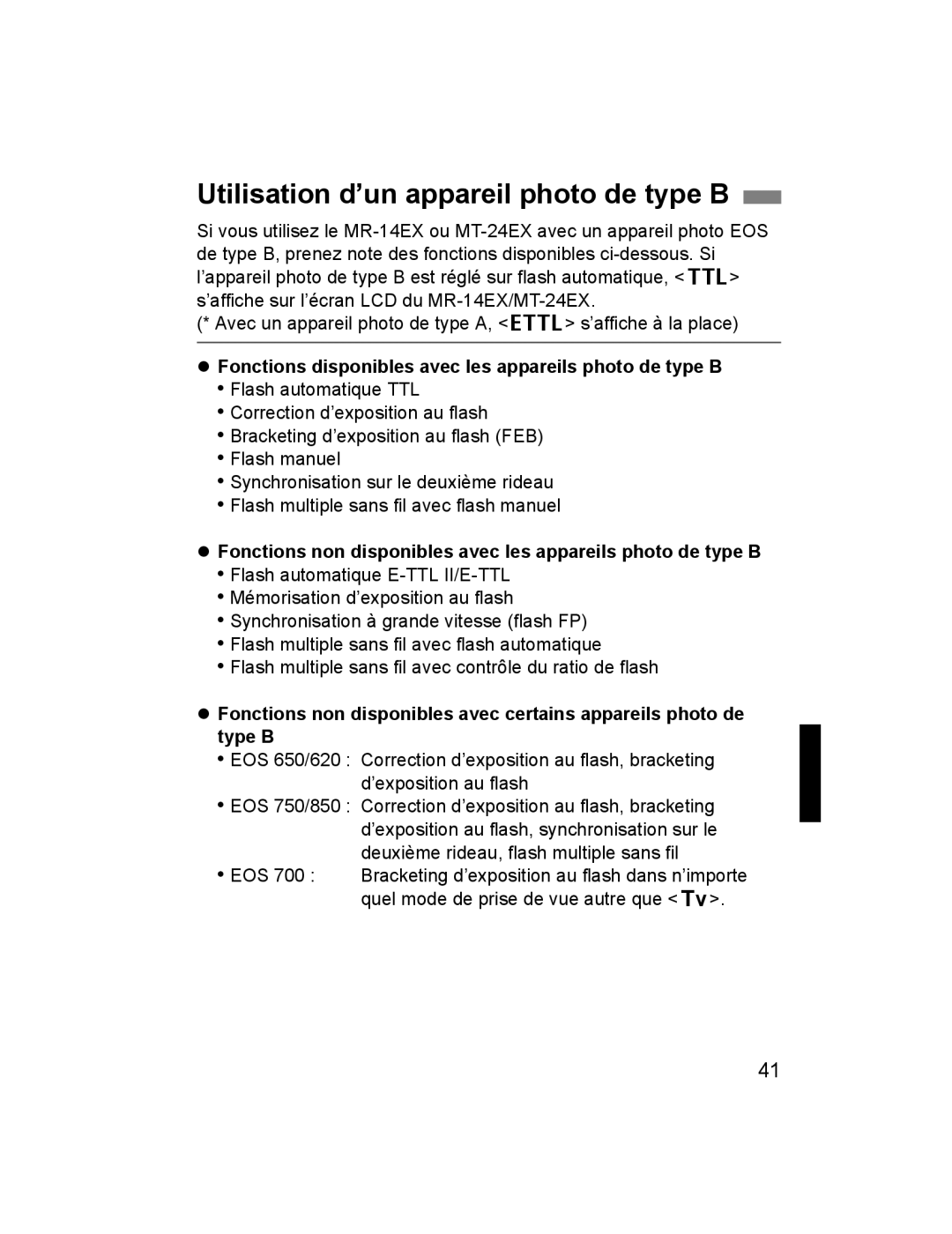 Canon 24EX, 14EX Utilisation d’un appareil photo de type B, Fonctions disponibles avec les appareils photo de type B 