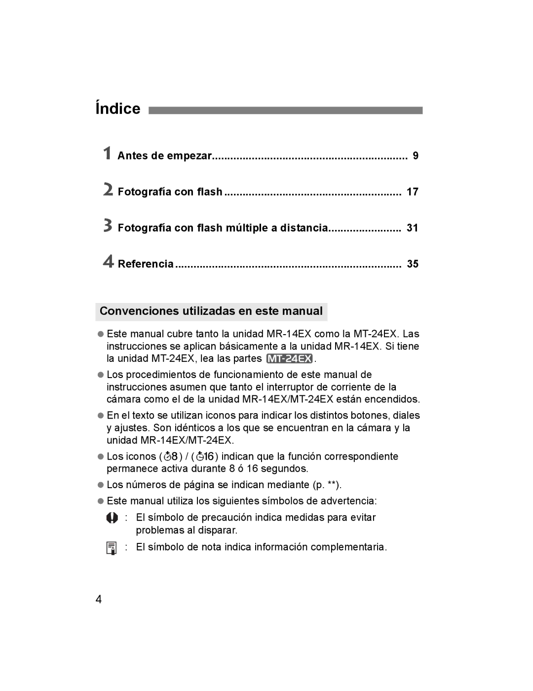 Canon 14EX, 24EX instruction manual Índice, Convenciones utilizadas en este manual 