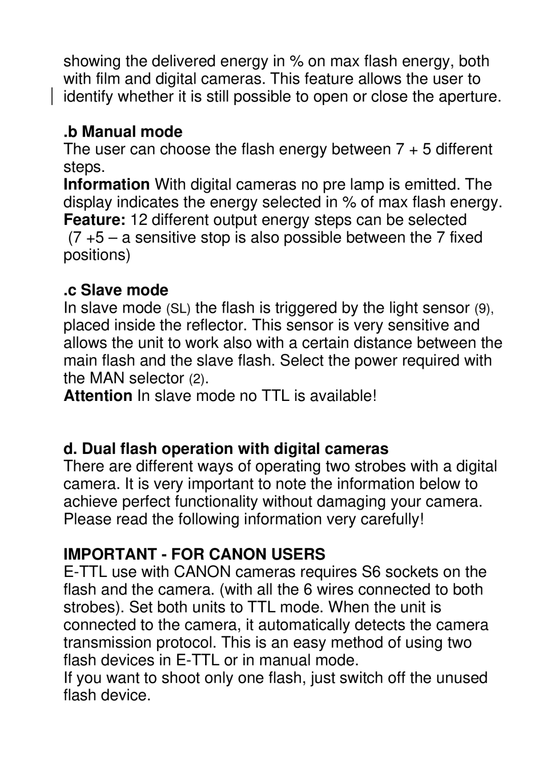 Canon 150DIGITAL user manual Manual mode, Slave mode, Dual flash operation with digital cameras, Important for Canon Users 