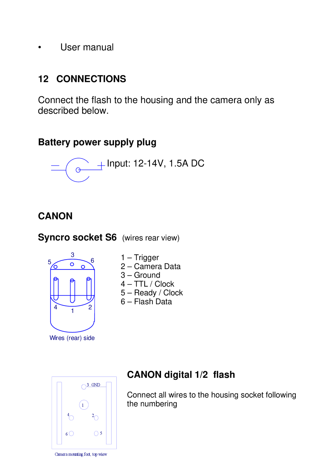 Canon 150DIGITAL Connections, Battery power supply plug, Syncro socket S6 wires rear view, Canon digital 1/2 flash 