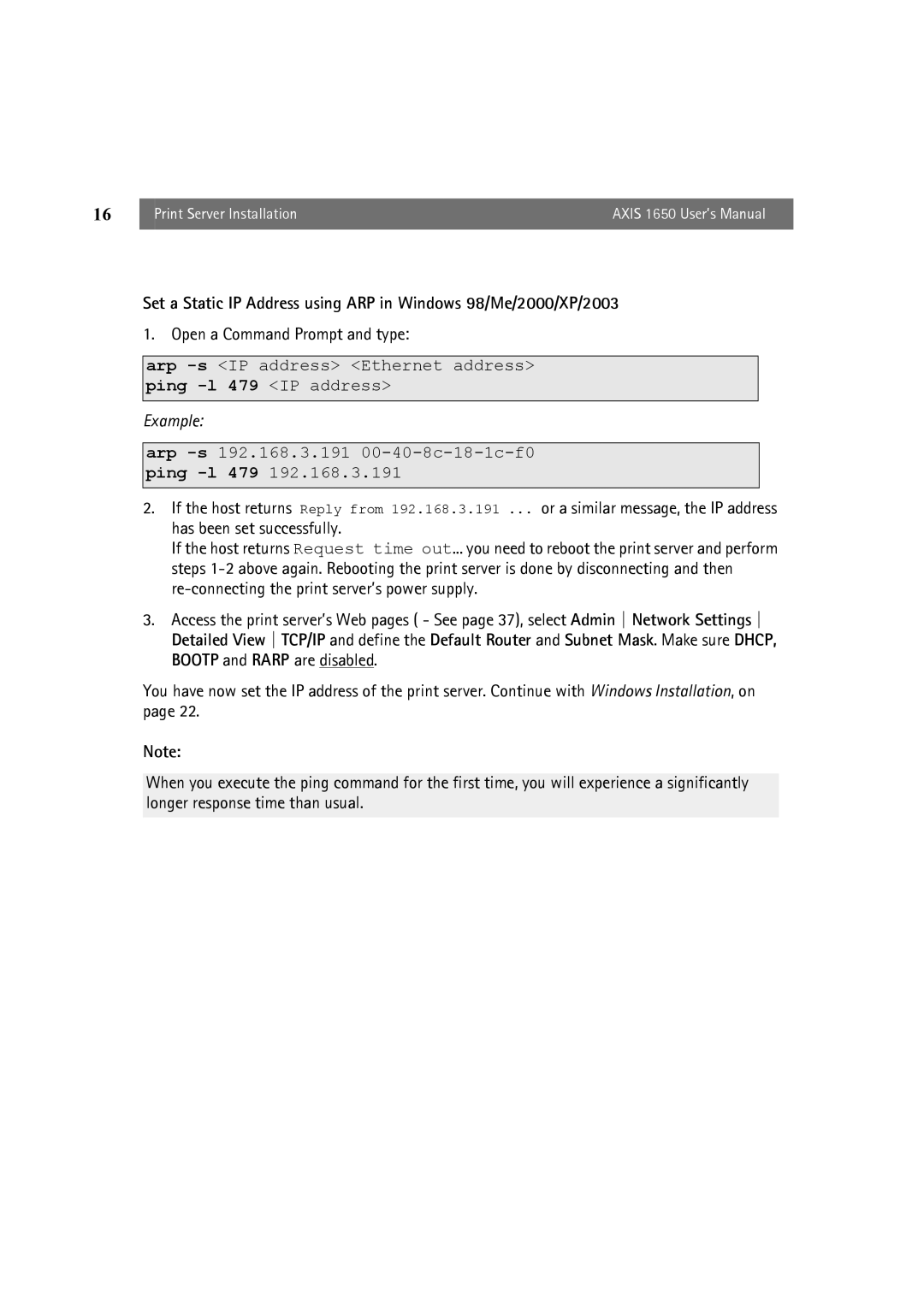 Canon 1650 user manual Arp -sIP address Ethernet address ping -l 479 IP address 