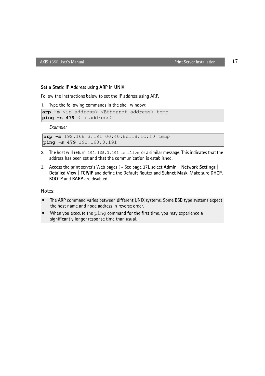 Canon 1650 user manual Set a Static IP Address using ARP in Unix, Arp -s192.168.3.191 00408c181cf0 temp ping -s 479 