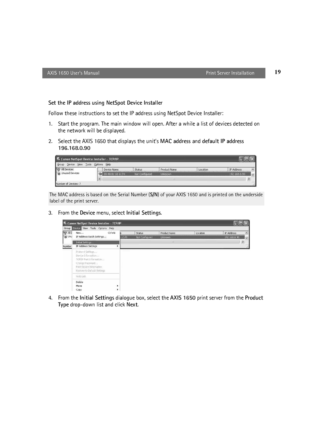 Canon 1650 user manual Set the IP address using NetSpot Device Installer 