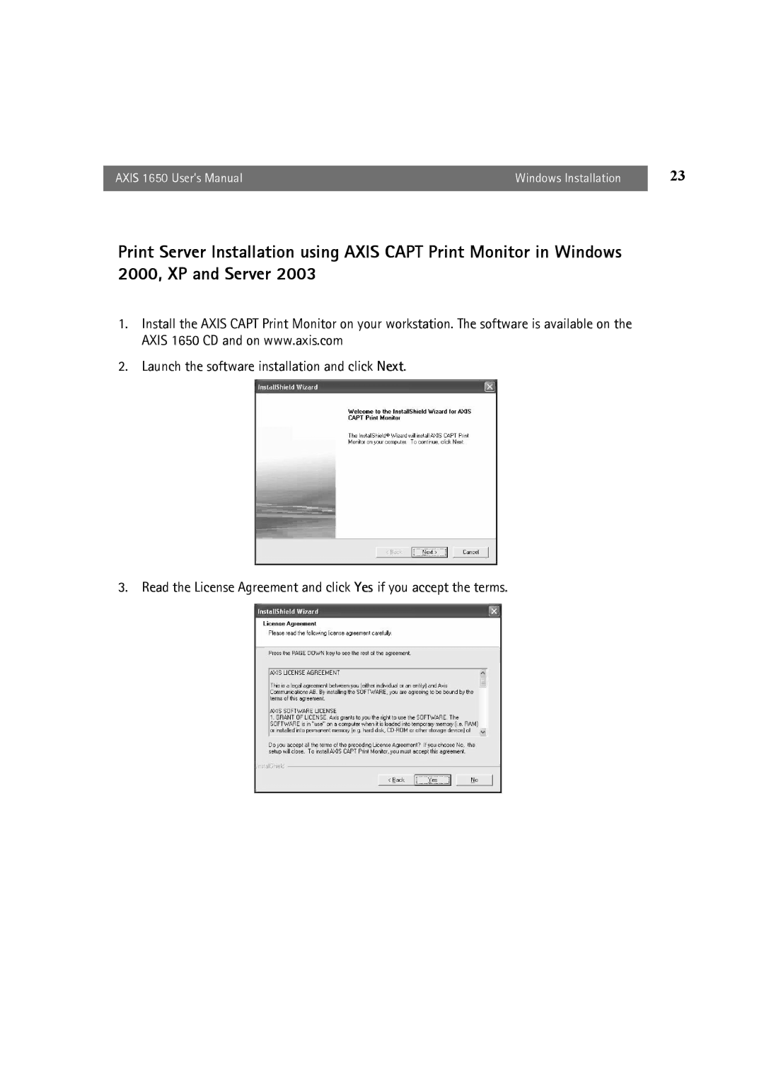 Canon user manual Axis 1650 User’s Manual Windows Installation 