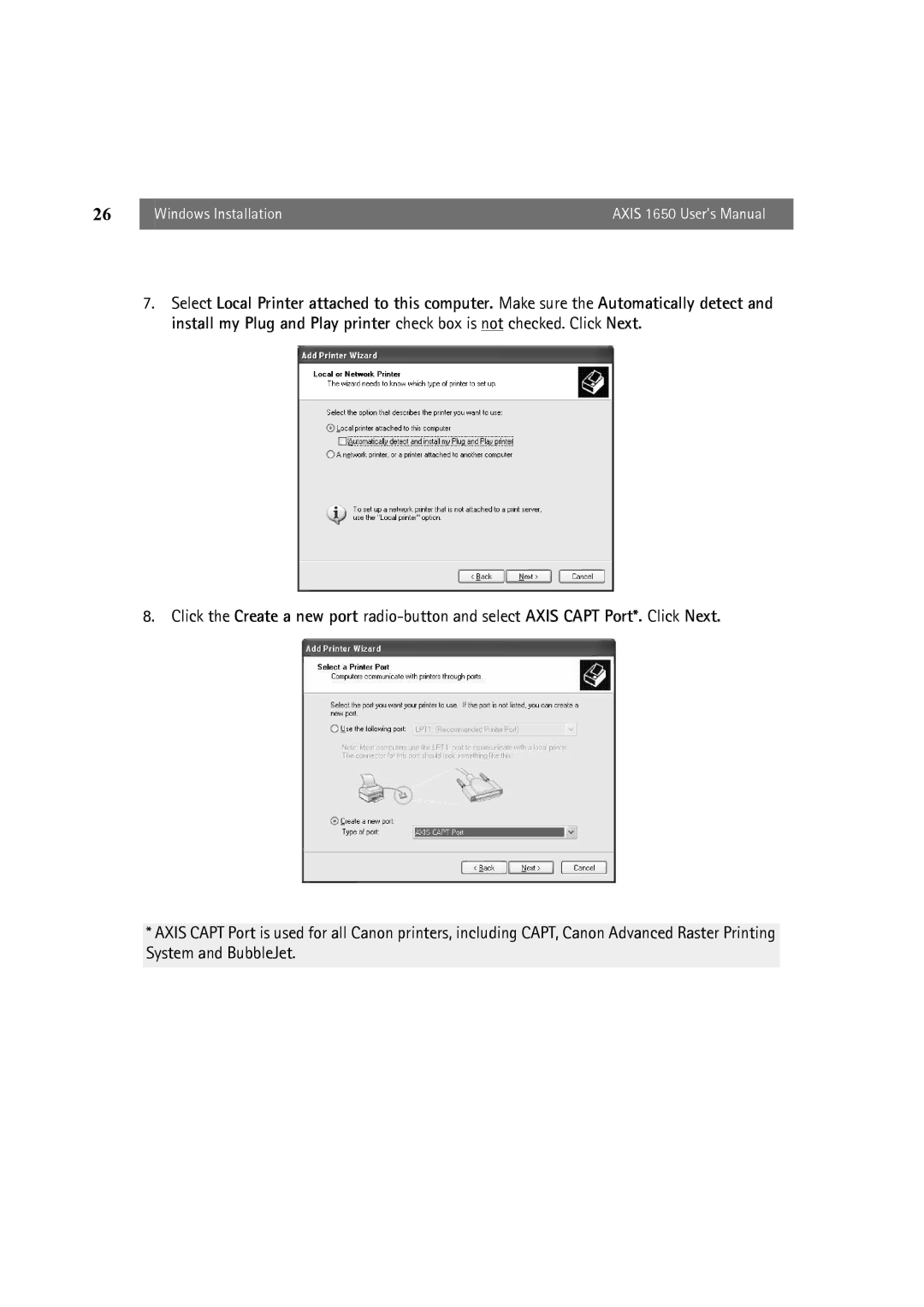 Canon user manual Windows Installation Axis 1650 User’s Manual 