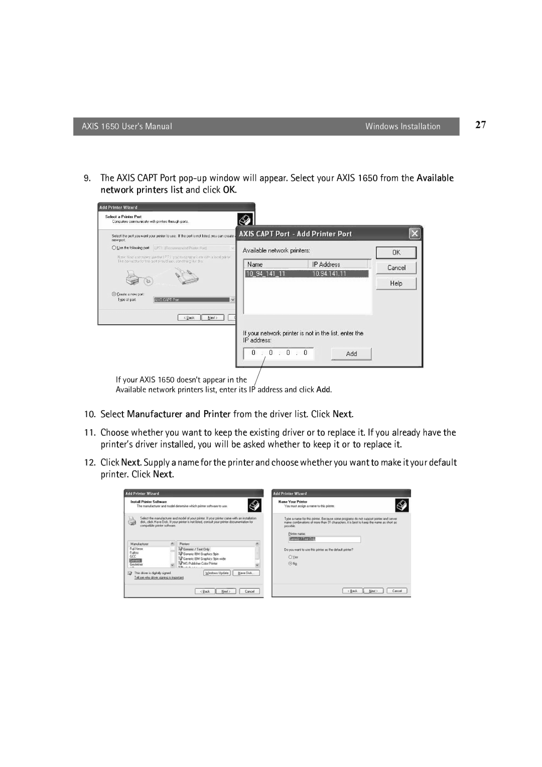 Canon user manual Axis 1650 User’s Manual Windows Installation 