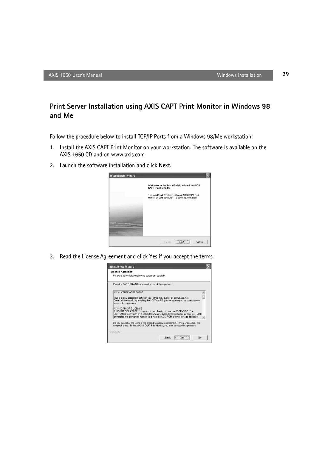 Canon user manual Axis 1650 User’s Manual Windows Installation 