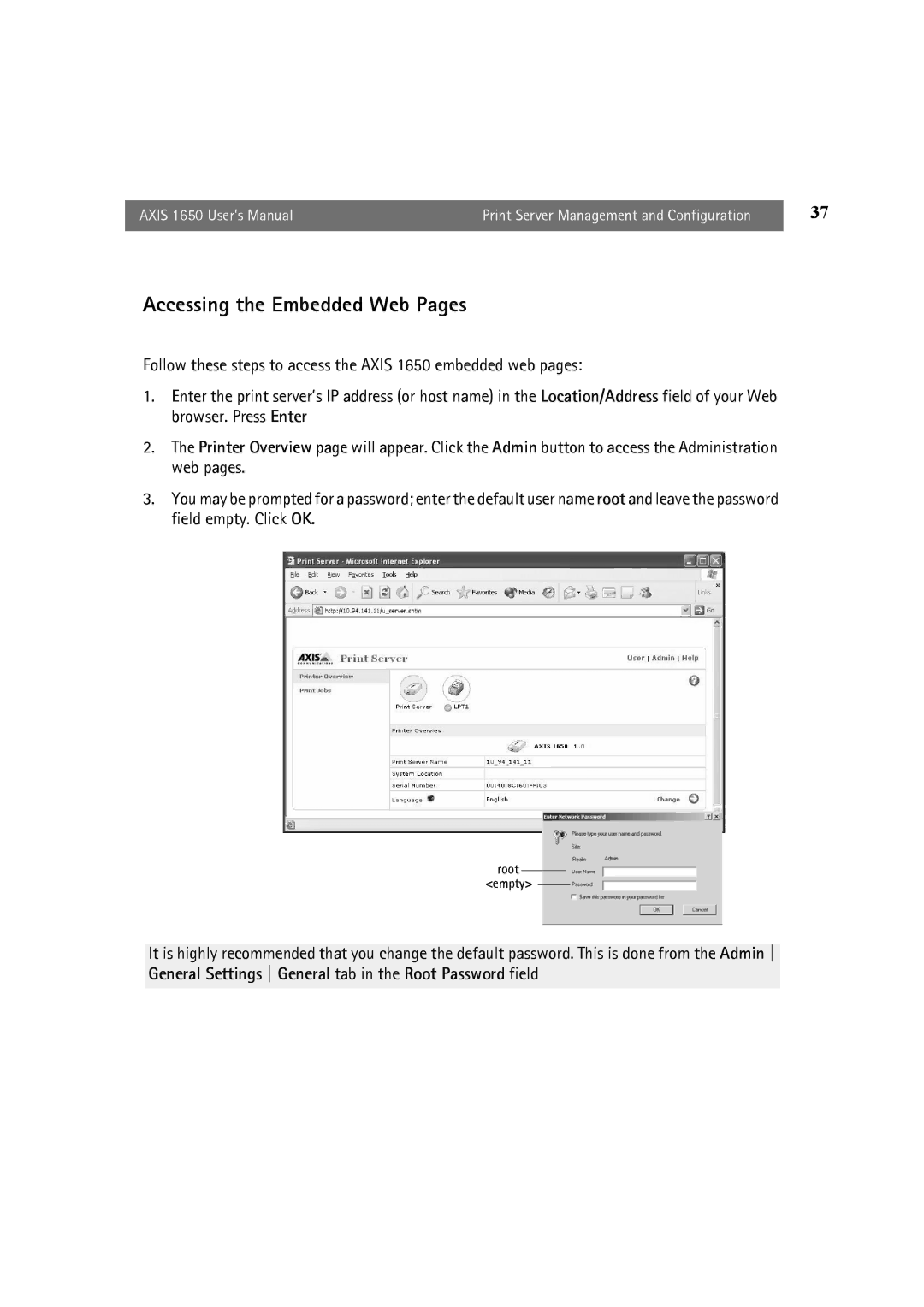 Canon 1650 user manual Accessing the Embedded Web Pages 