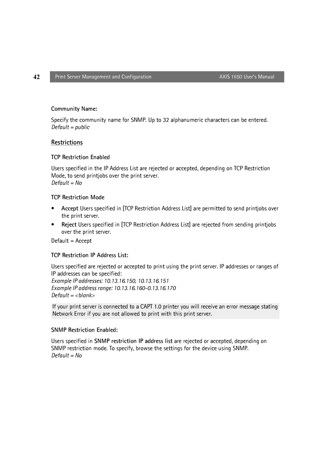 Canon 1650 user manual Community Name, TCP Restriction Enabled, TCP Restriction Mode, TCP Restriction IP Address List 