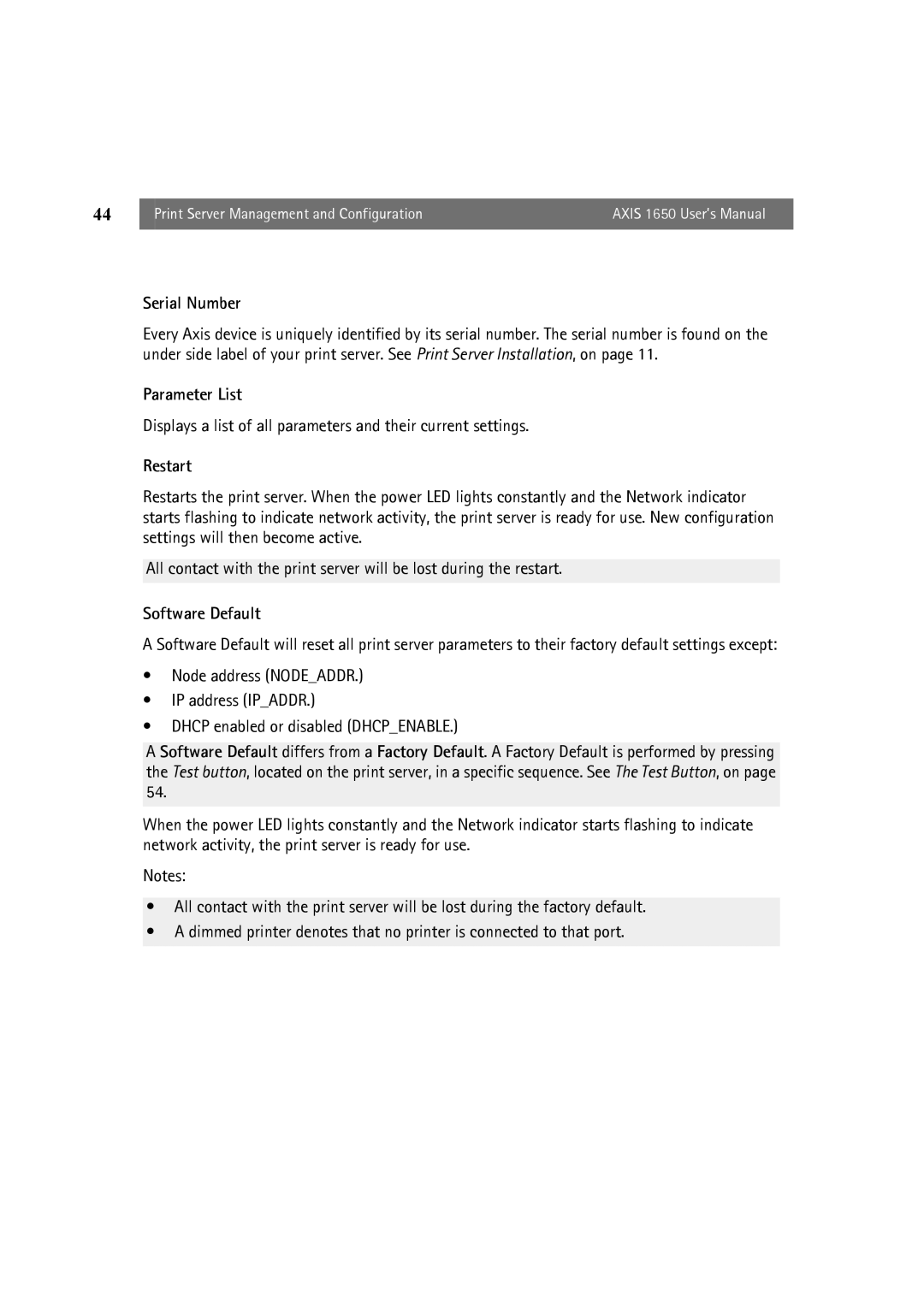 Canon 1650 user manual Parameter List, Restart, Software Default 