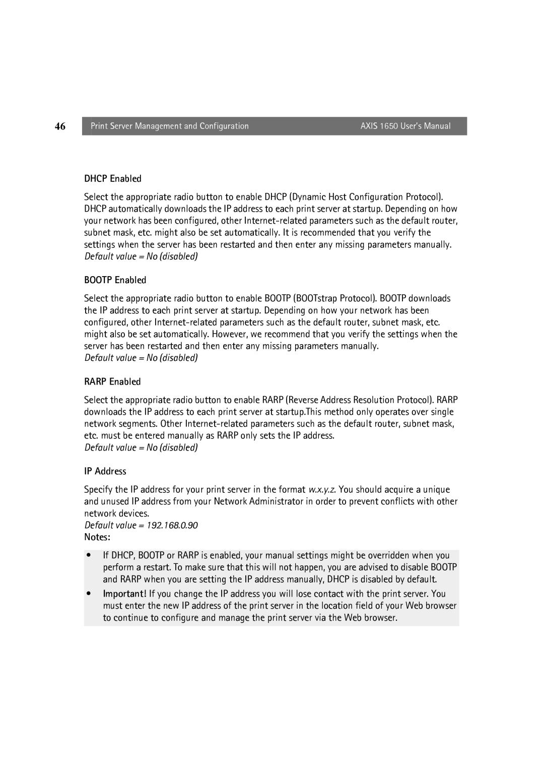 Canon 1650 user manual Dhcp Enabled, Bootp Enabled, Rarp Enabled, IP Address 
