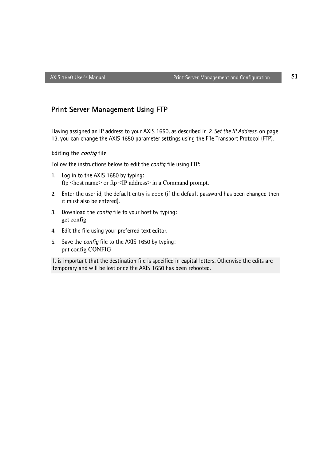 Canon 1650 user manual Print Server Management Using FTP, Editing the config file 