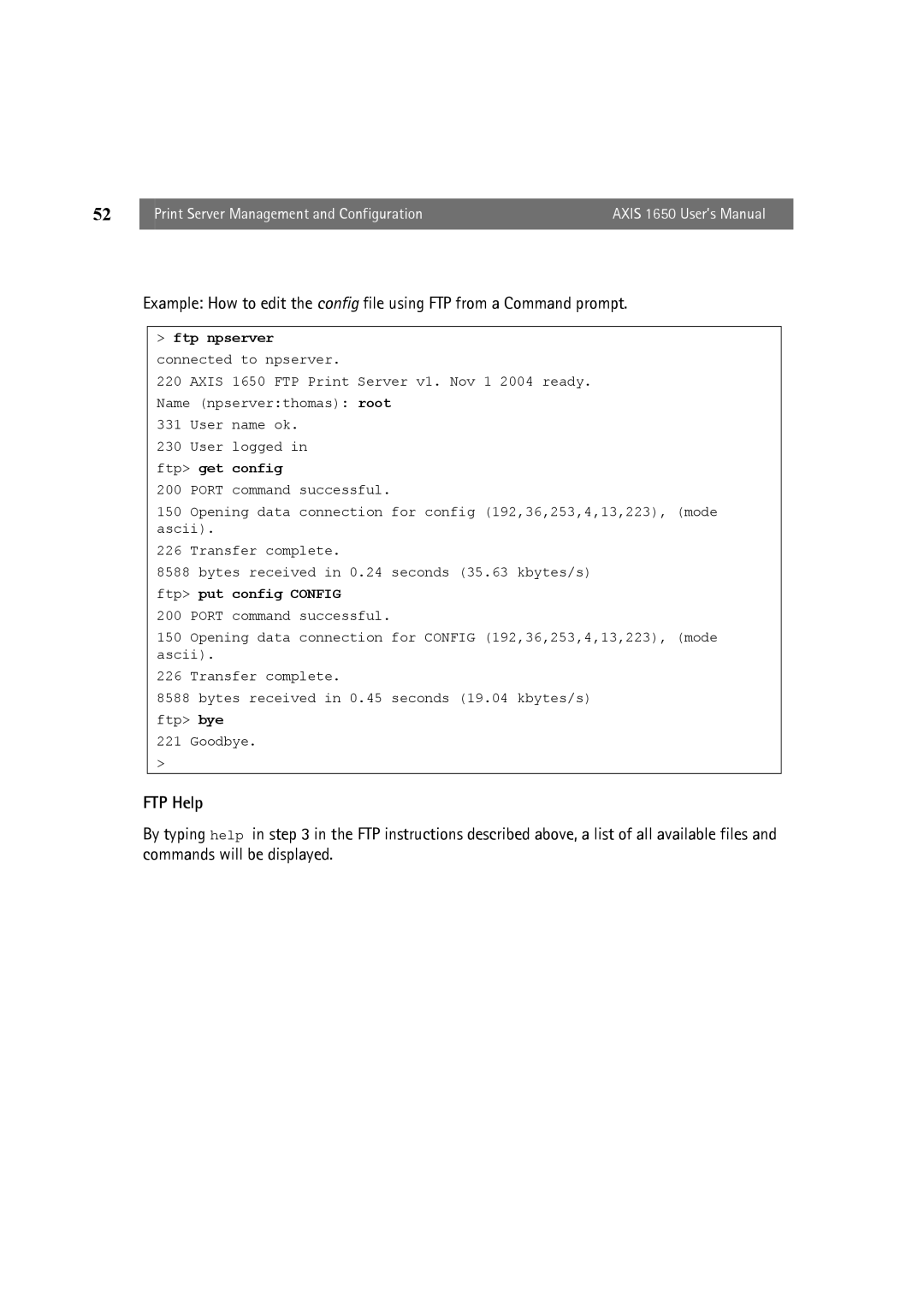 Canon 1650 user manual FTP Help, Ftp npserver connected to npserver 