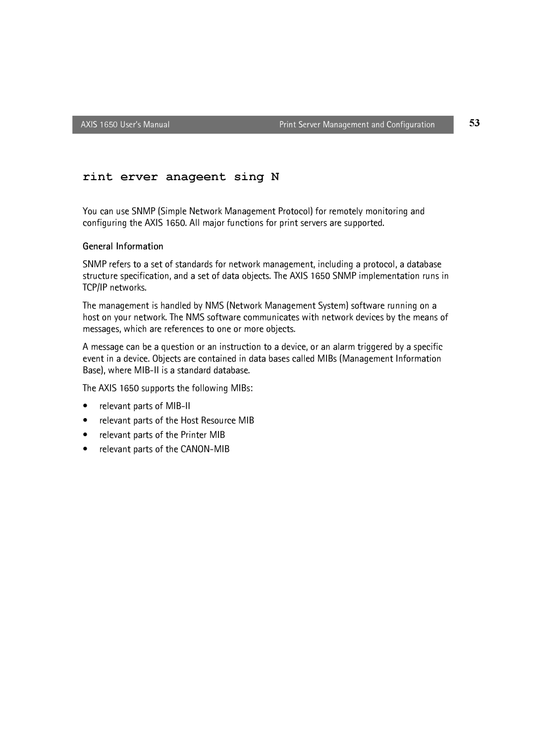 Canon 1650 user manual Print Server Management Using Snmp, General Information 