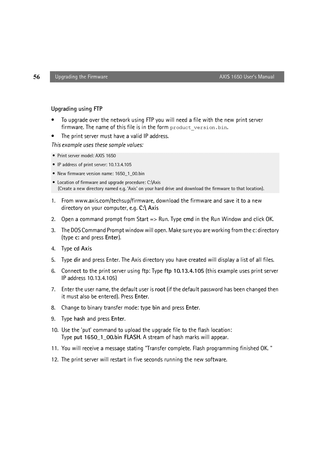 Canon 1650 user manual Upgrading using FTP, Type cd Axis 