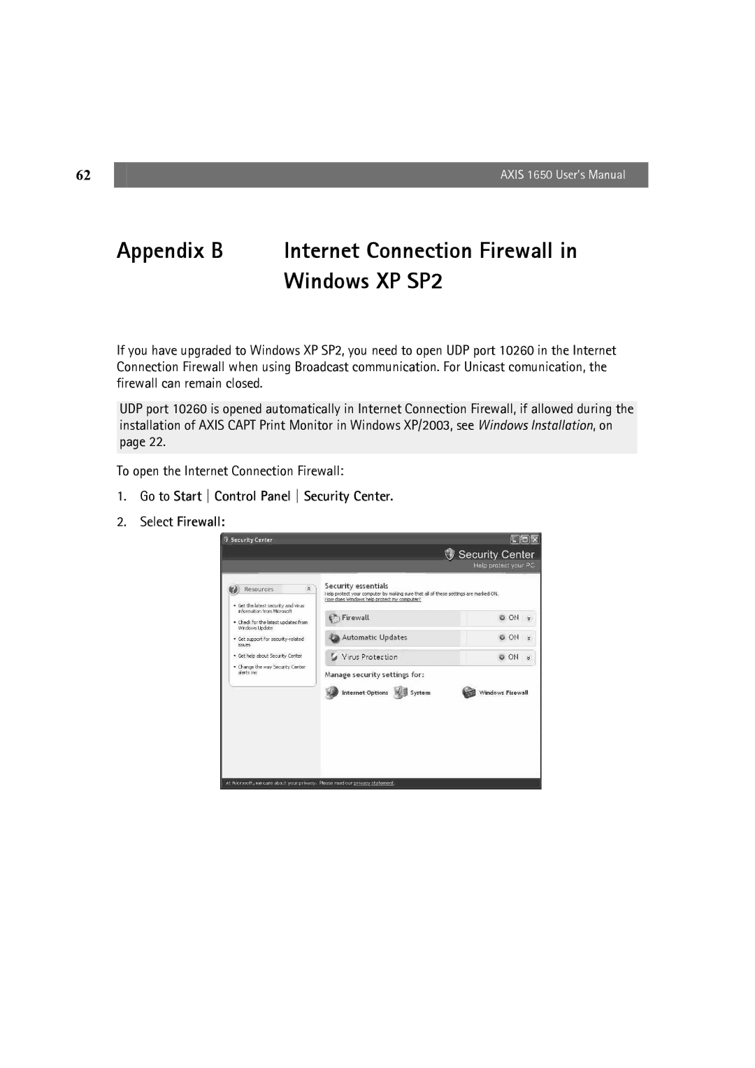 Canon 1650 user manual Appendix B Internet Connection Firewall in Windows XP SP2 