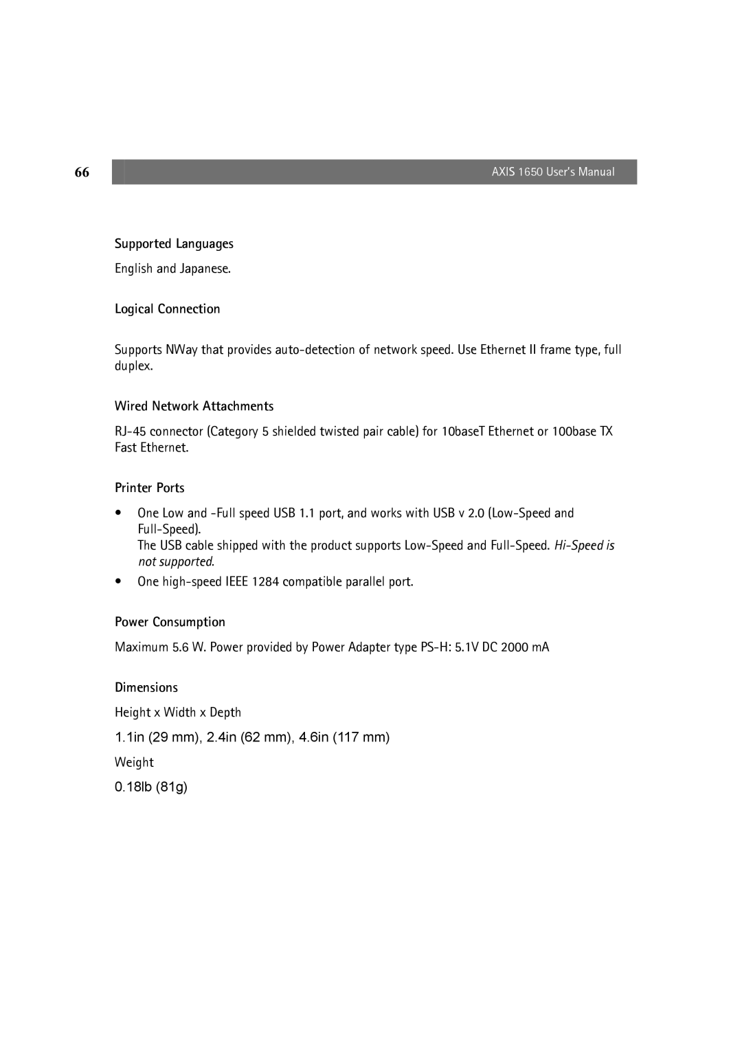 Canon 1650 user manual Supported Languages, Logical Connection, Wired Network Attachments, Power Consumption, Dimensions 