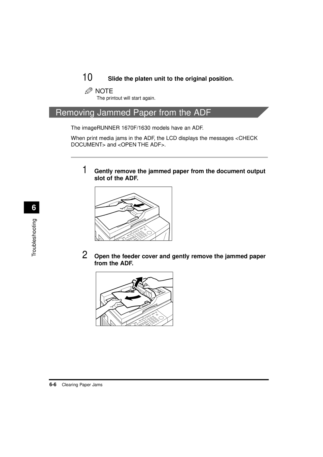 Canon 1610, 1670F, 1630 manual Removing Jammed Paper from the ADF, Slide the platen unit to the original position 