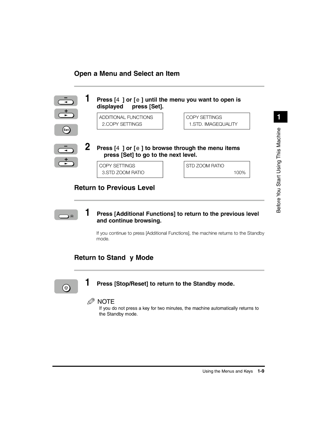 Canon 1670F, 1630, 1610 manual Open a Menu and Select an Item, Return to Previous Level, Return to Standby Mode 