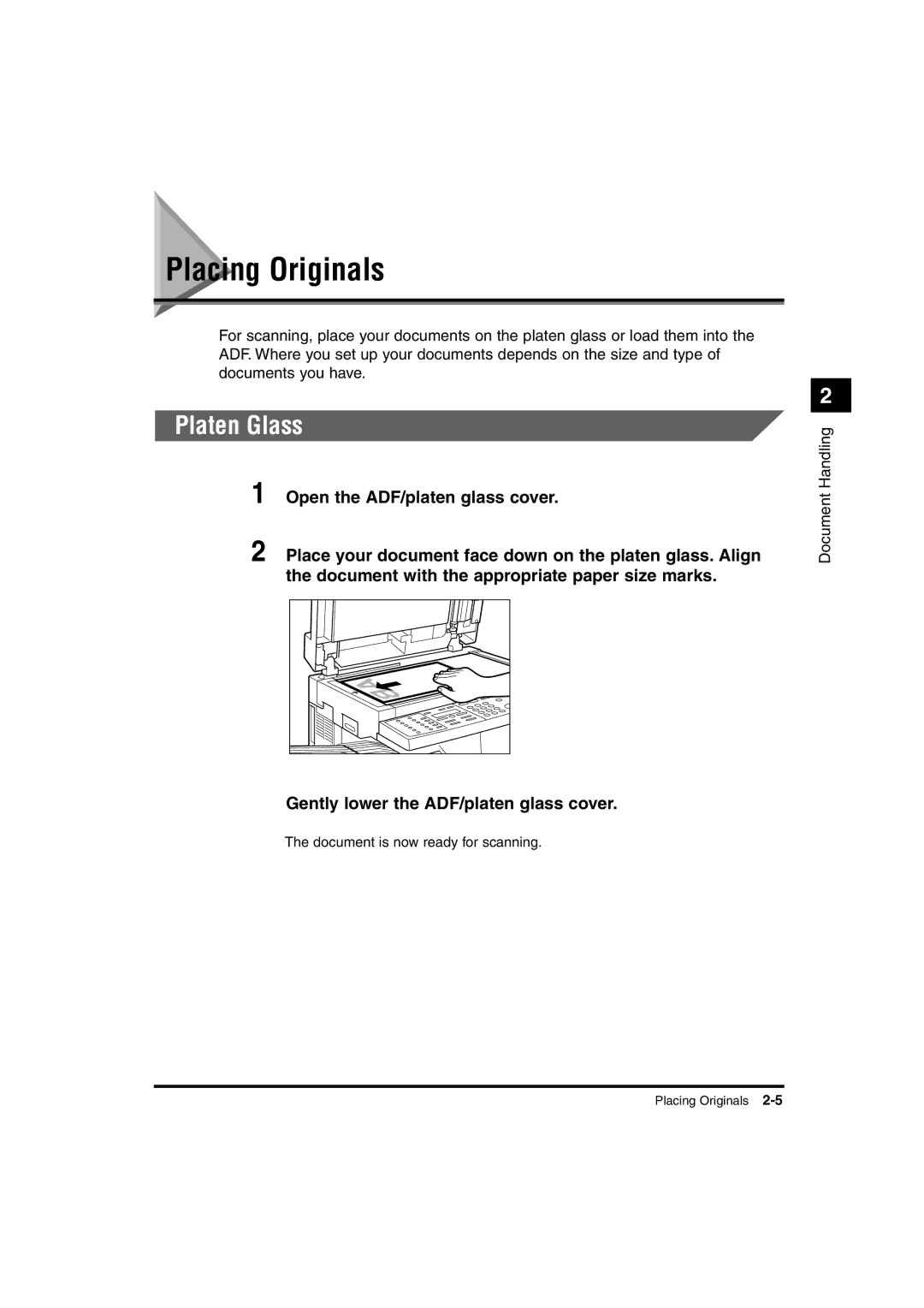 Canon 1670F, 1630, 1610 manual Placing Originals, Platen Glass, Gently lower the ADF/platen glass cover 