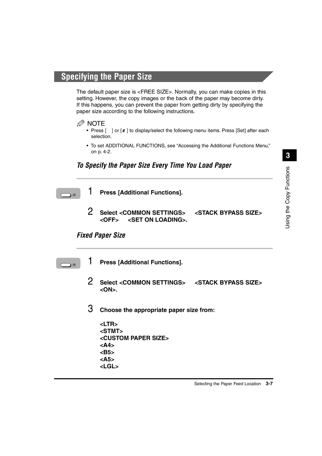 Canon 1670F, 1630, 1610 Specifying the Paper Size, To Specify the Paper Size Every Time You Load Paper, Fixed Paper Size 