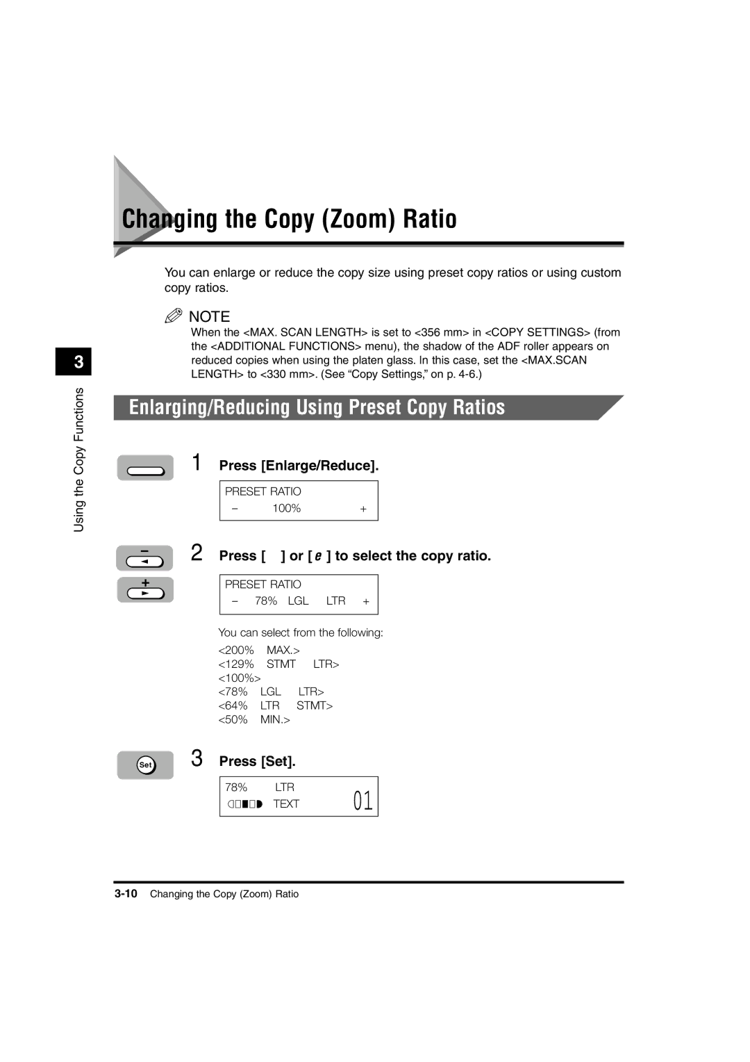 Canon 1670F, 1630, 1610 Changing the Copy Zoom Ratio, Enlarging/Reducing Using Preset Copy Ratios, Press Enlarge/Reduce 