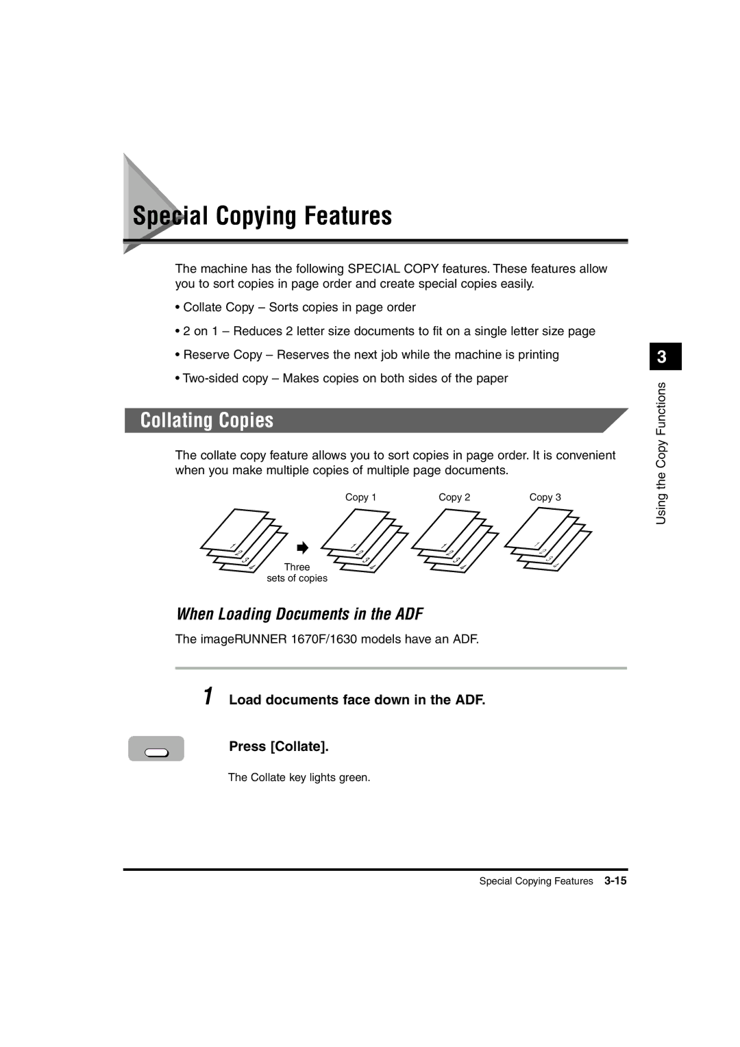 Canon 1610, 1670F, 1630 manual Special Copying Features, Collating Copies, When Loading Documents in the ADF 