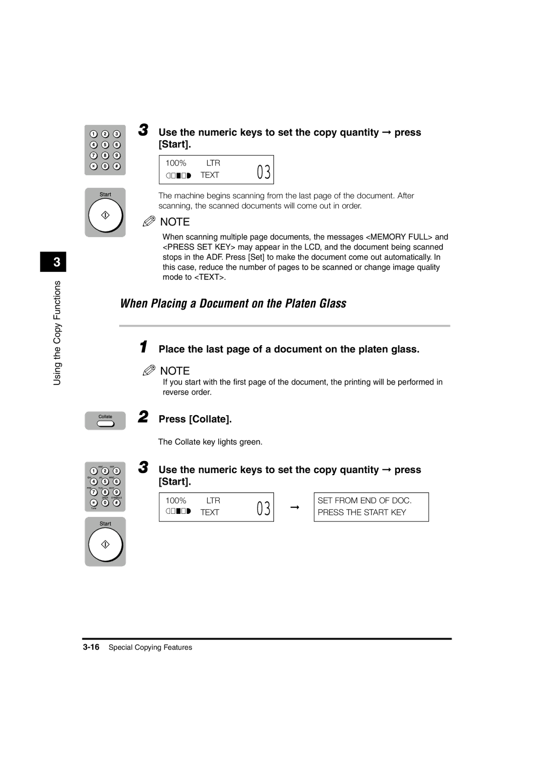 Canon 1670F, 1630 When Placing a Document on the Platen Glass, Use the numeric keys to set the copy quantity press, Start 