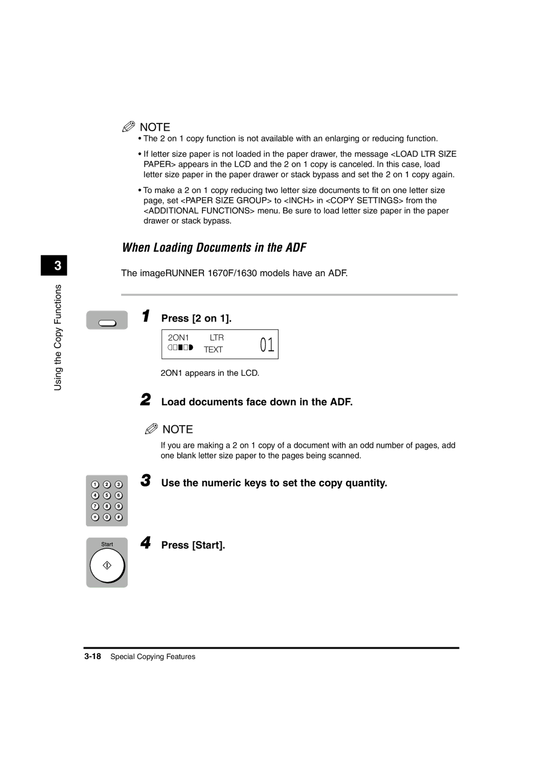 Canon 1610, 1670F, 1630 manual Press 2 on, Load documents face down in the ADF, Use the numeric keys to set the copy quantity 