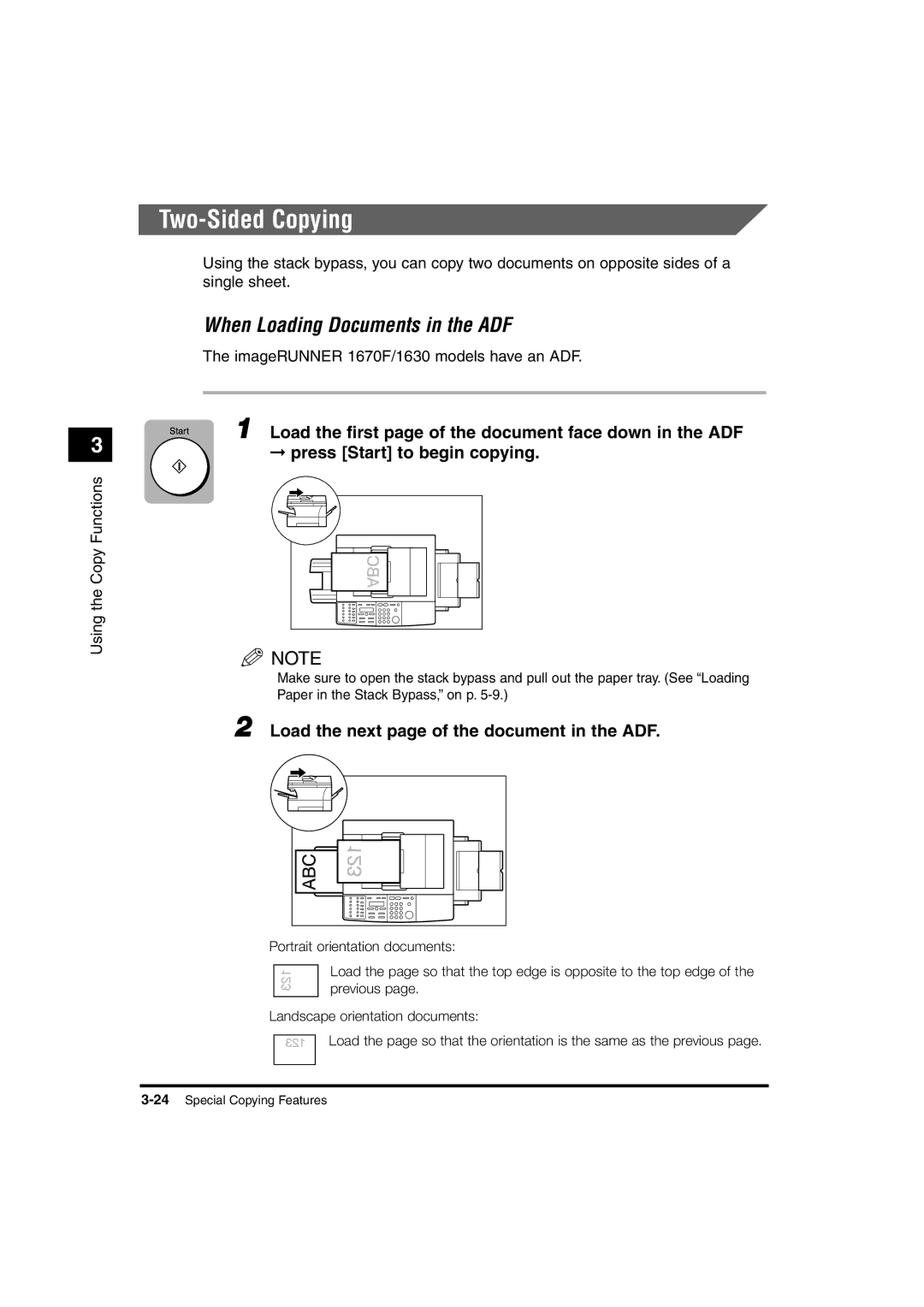 Canon 1610, 1670F, 1630 manual Two-Sided Copying, Load the first page of the document face down in the ADF 