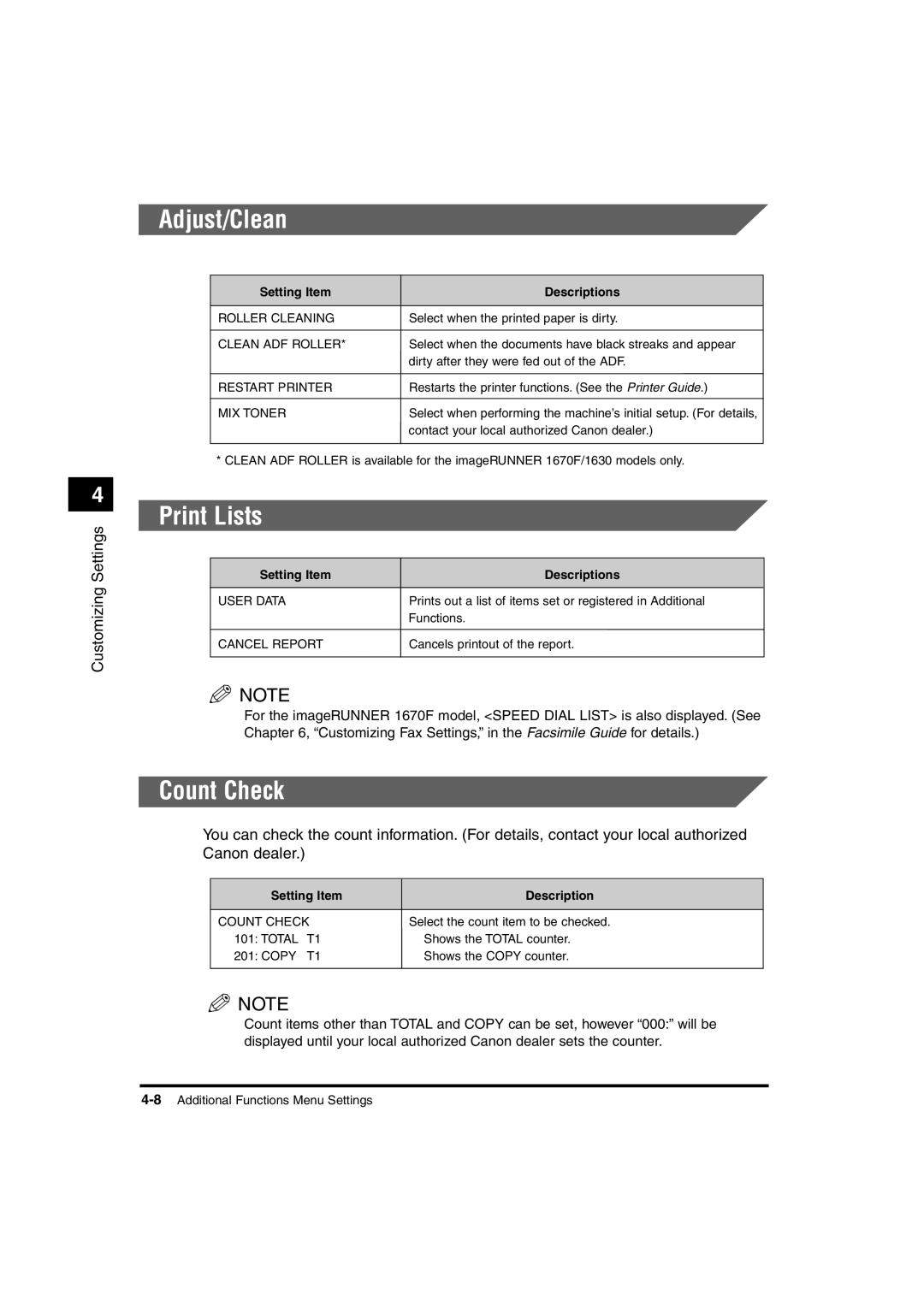 Canon 1610, 1670F, 1630 manual Adjust/Clean, Print Lists, Count Check 