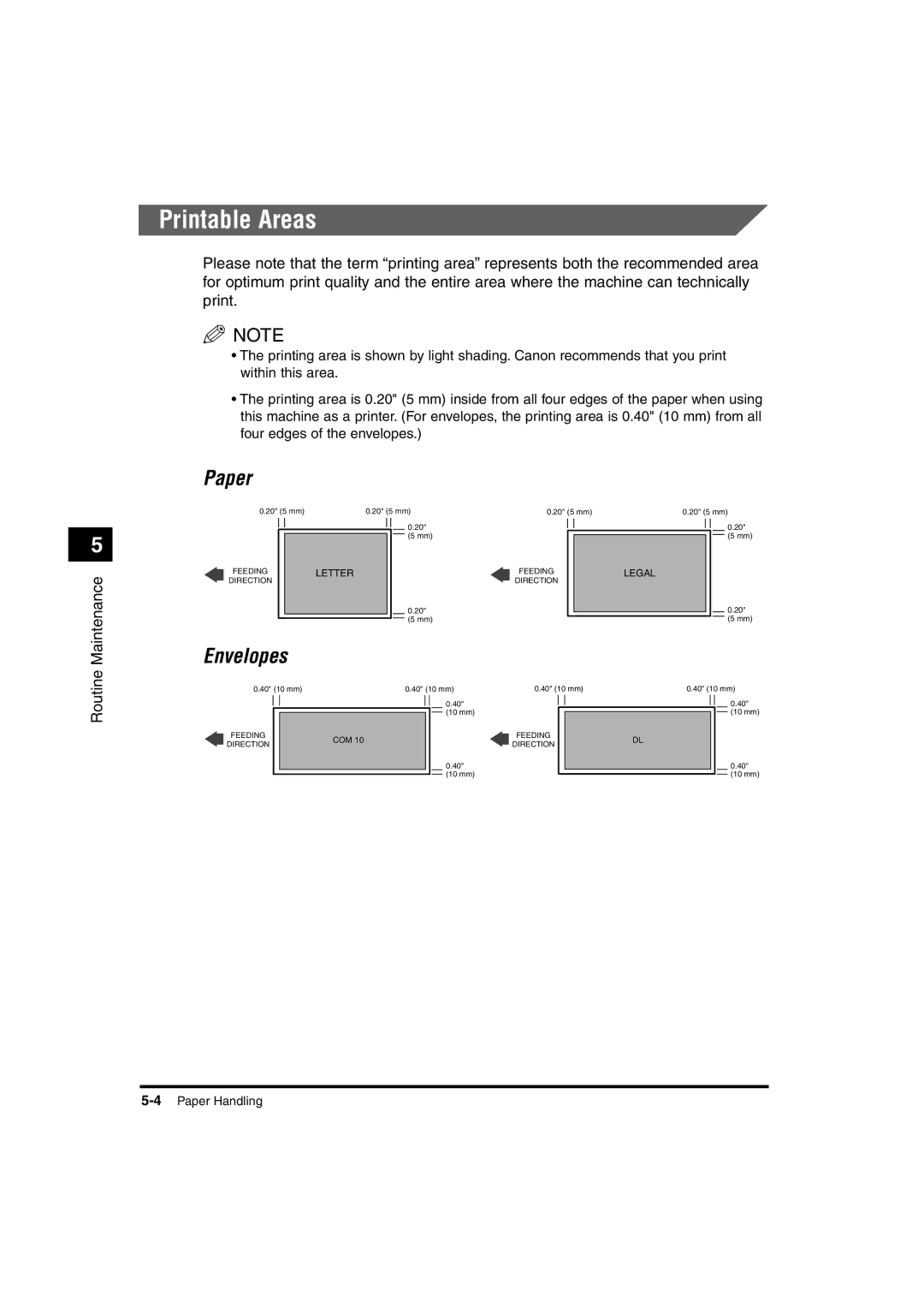 Canon 1670F, 1630, 1610 manual Printable Areas, Paper, Envelopes 