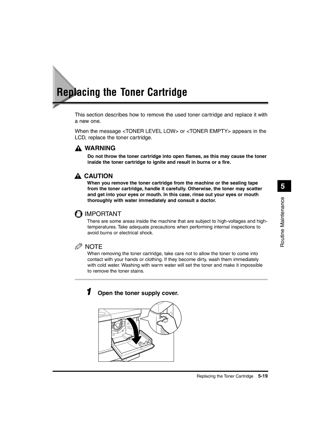 Canon 1670F, 1630, 1610 manual Replacing the Toner Cartridge, Open the toner supply cover 