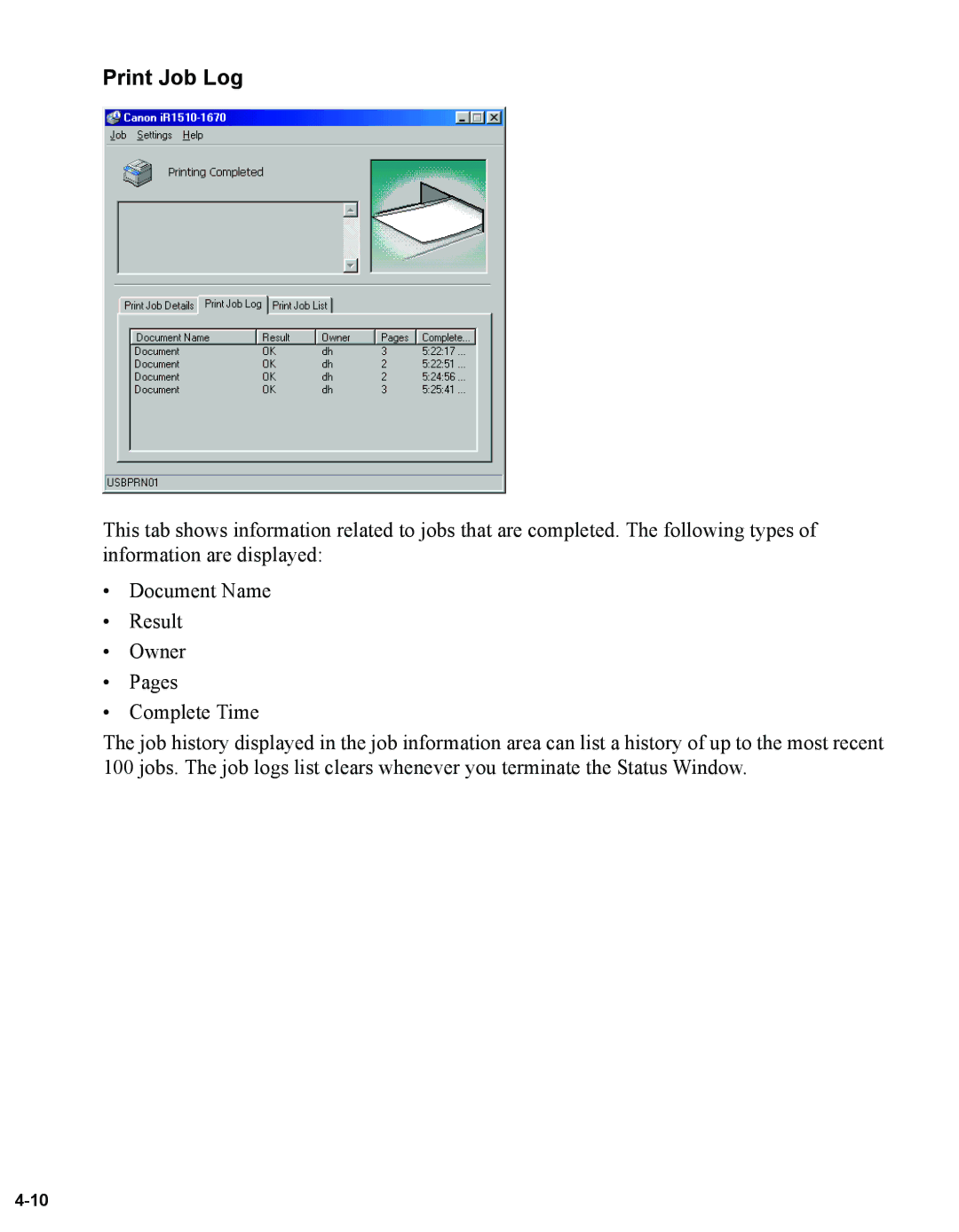 Canon 1670F manual Print Job Log 