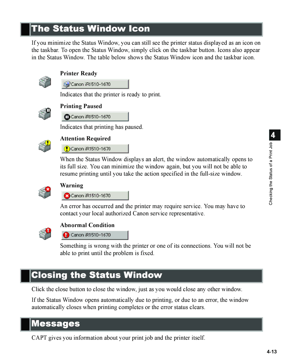 Canon 1670F manual Status Window Icon, Closing the Status Window, Messages 