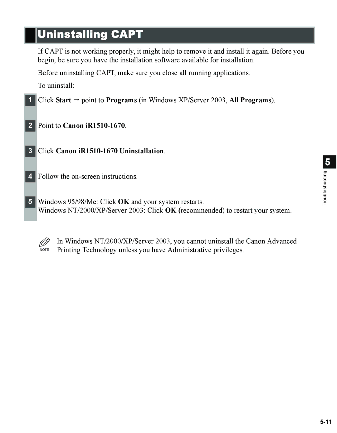 Canon 1670F manual Uninstalling Capt, Point to Canon iR1510-1670, Click Canon iR1510-1670 Uninstallation 