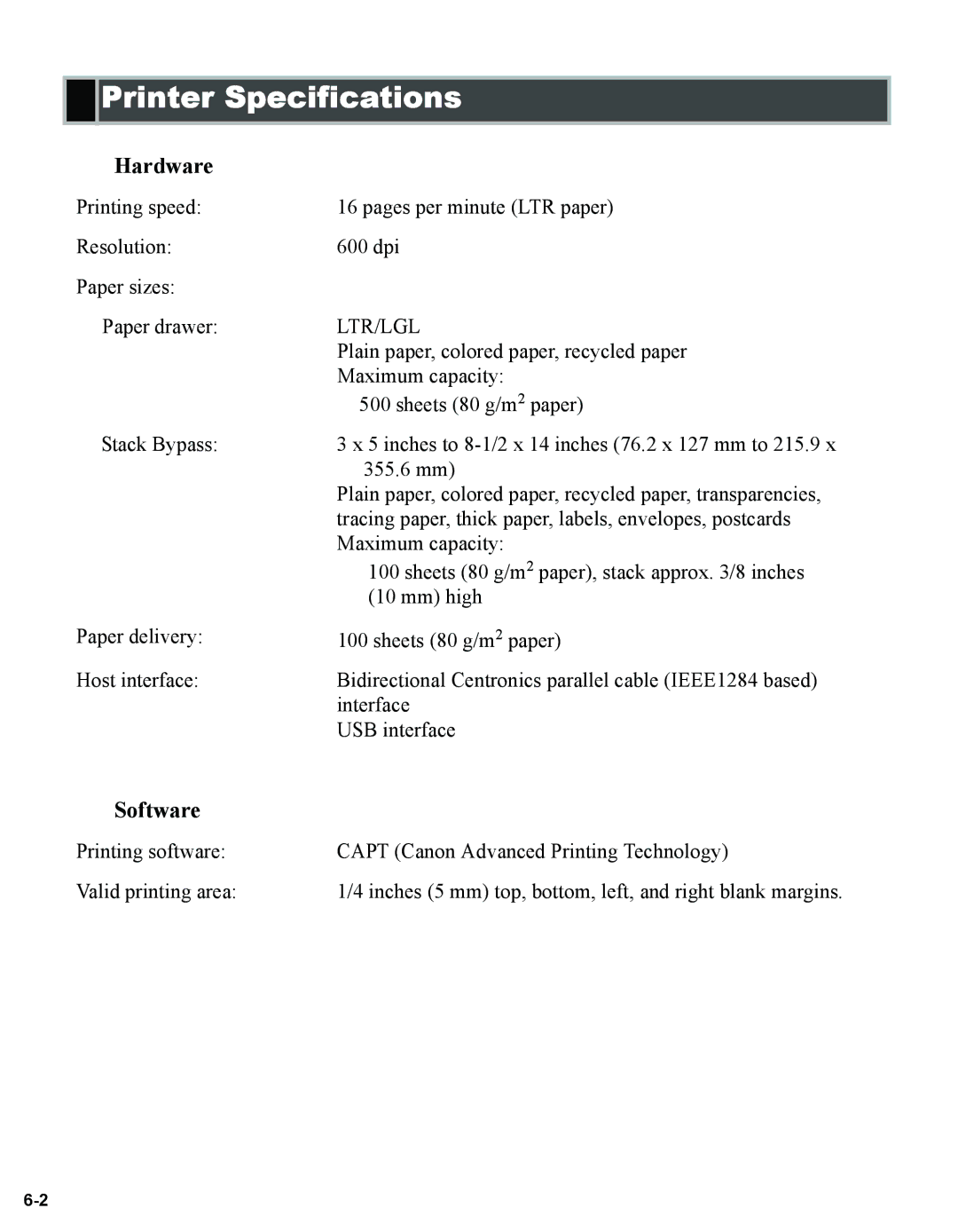 Canon 1670F manual Printer Specifications, Hardware 